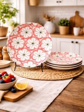 Anthropologie Coral, White and Green Floral Ceramic Dinner Plates Set